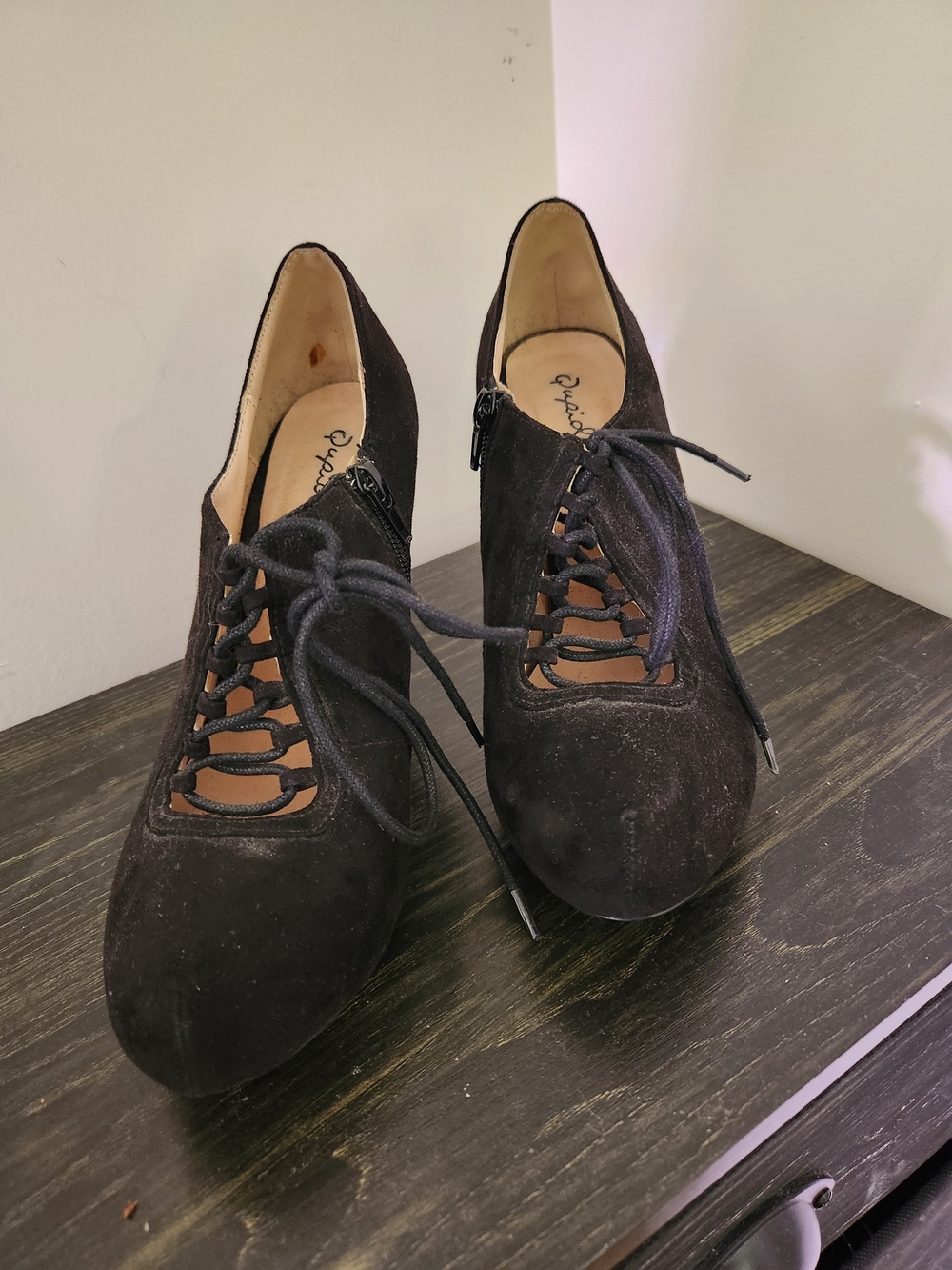 Qupid Black Lace-Up Suede Heels